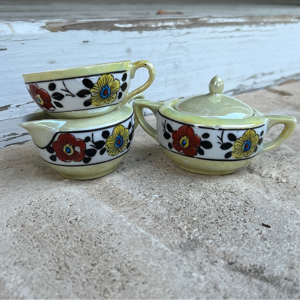 Japanese lusterware tea set vintage hand painted flowers yellow rust black